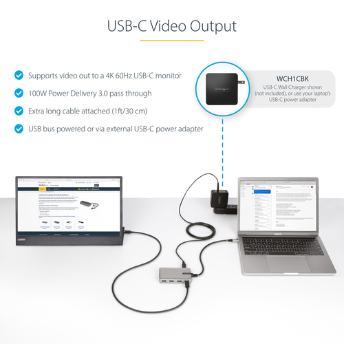 StarTech.com 4-Port USB-C Hub with USB-C DP Alt Mode Video Output 4K 60Hz - 3x USB-A, 1x USB Type-C, 100W Power Delivery Pass-Through, USB 3.2 10Gbps, 1ft/30cm Cable, Portable USB Hub