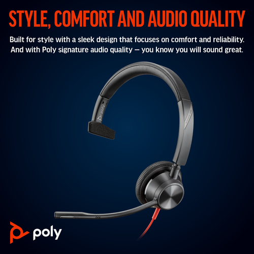 Poly Blackwire 3315 Monaural USB-C Headset +3.5mm Plug +USB-C/A Adapter