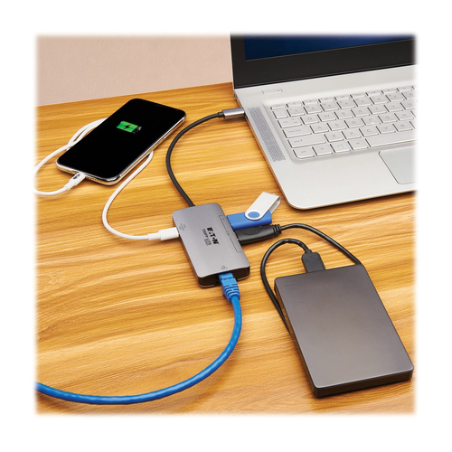 Tripp Lite U460-003-3AGALC 3-Port USB-C Hub - USB 3.x (5Gbps) Hub Ports, Gigabit Ethernet, Thunderbolt 3, 100W PD Charging, Aluminum Housing