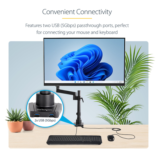 StarTech.com Desk Mount Monitor Arm with 2x USB 3.0 Ports, Full Motion Single Monitor Mount, up to 34" (17.6lb/8kg) VESA Display, Clamp/Grommet Mount, Mechanical Spring