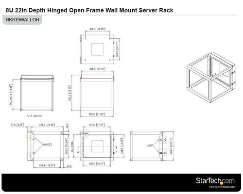 StarTech.com 8U Hinged Open Frame Wall-Mount Server Rack - 22 in. Deep