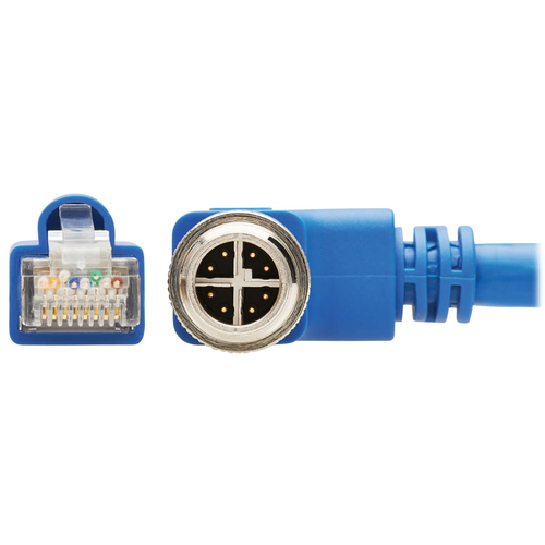 Tripp Lite NM12-6A4-03M-BL M12 X-Code Cat6a 10G F/UTP CMR-LP Shielded Ethernet Cable (Right-Angle M12 M/RJ45 M), IP68, PoE, Blue, 3 m (9.8 ft.)