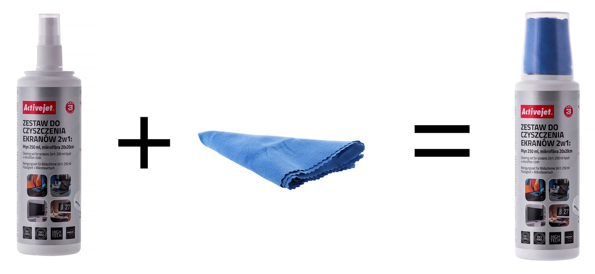 Activejet AOC-269 Liquid  Screen cleaning kit 2in1 250 ml  20x20 cm   Screen cleaner  plastic cleaner and microfiber cleaning cloth 20x20 cm