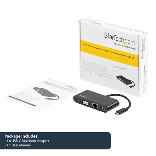 StarTech.com USB C Multiport Adapter - Mini USB-C Dock w/ Single Monitor VGA 1080p Video - 60W Power Delivery Passthrough - USB 3.1 Gen 1 Type-A 5Gbps, Gigabit Ethernet - Docking Station