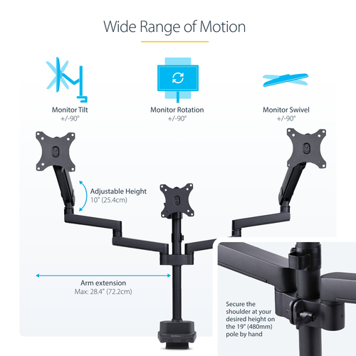 StarTech.com Triple Monitor Desk Mount For Up To Three 27in Screens, VESA 75x75/100x100, Tool-Less Arm Adjustments, C-Clamp/Grommet Mount, Spring-Assisted Arms