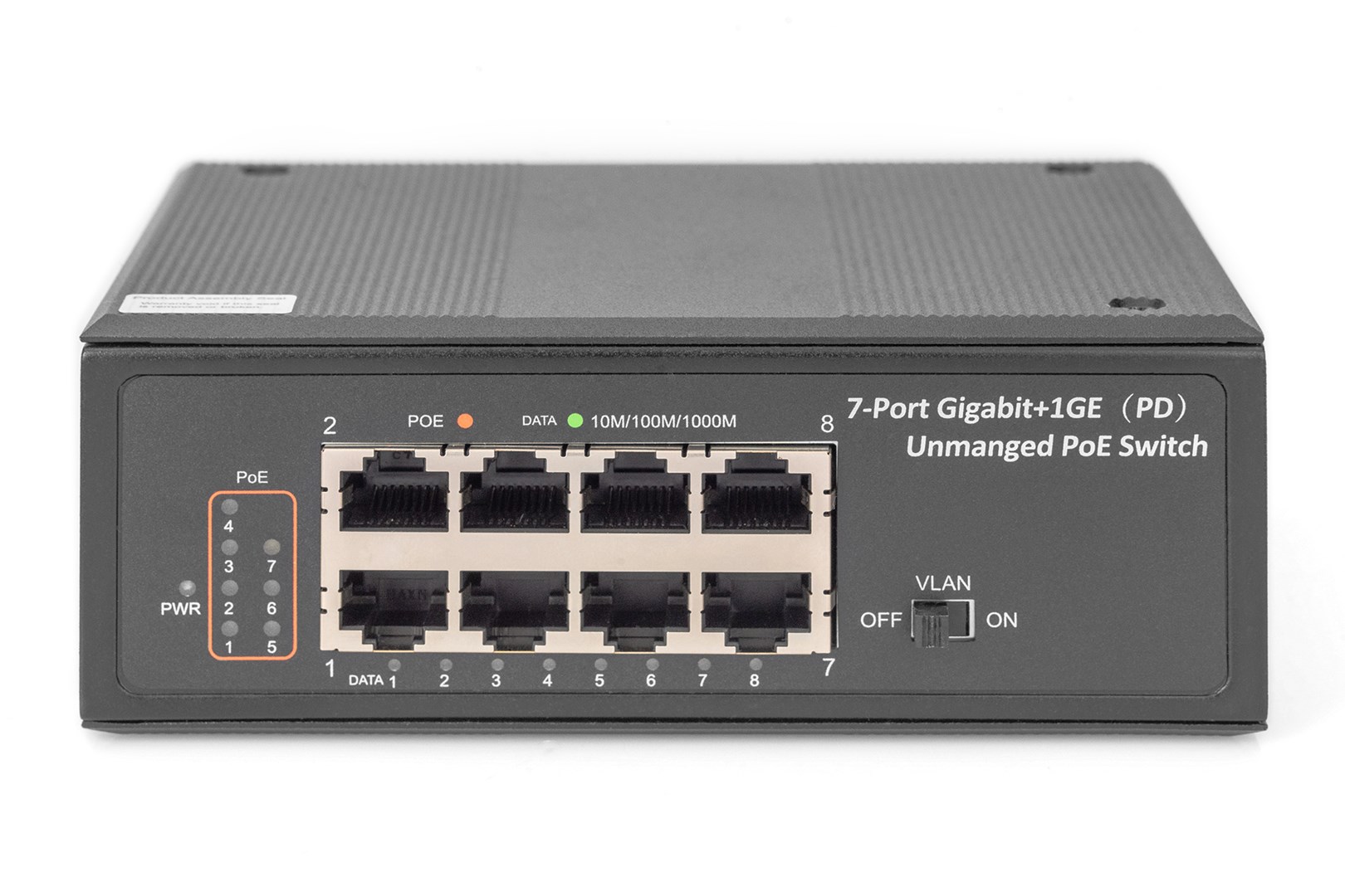 Digitus 7 Port Gigabit Ethernet Netzwerk PoE Switch, Industrial, Unmanaged, 1PD Port