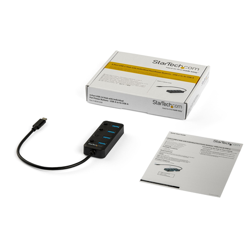 StarTech.com 4 Port USB C Hub - USB-C to 4x USB 3.0 Type-A Ports with Individual On/Off Port Switches - SuperSpeed 5Gbps USB 3.1/3.2 Gen 1 - USB Bus Powered - Portable - 25cm Attached Cable~4 Port USB C Hub - USB-C to 4x USB 3.0 Type-A Ports with Individual On/Off Port Switches - SuperSpeed USB 3.2 Gen 1 (5Gbps) - USB Bus Powered - Portable - 10" Attached Cable