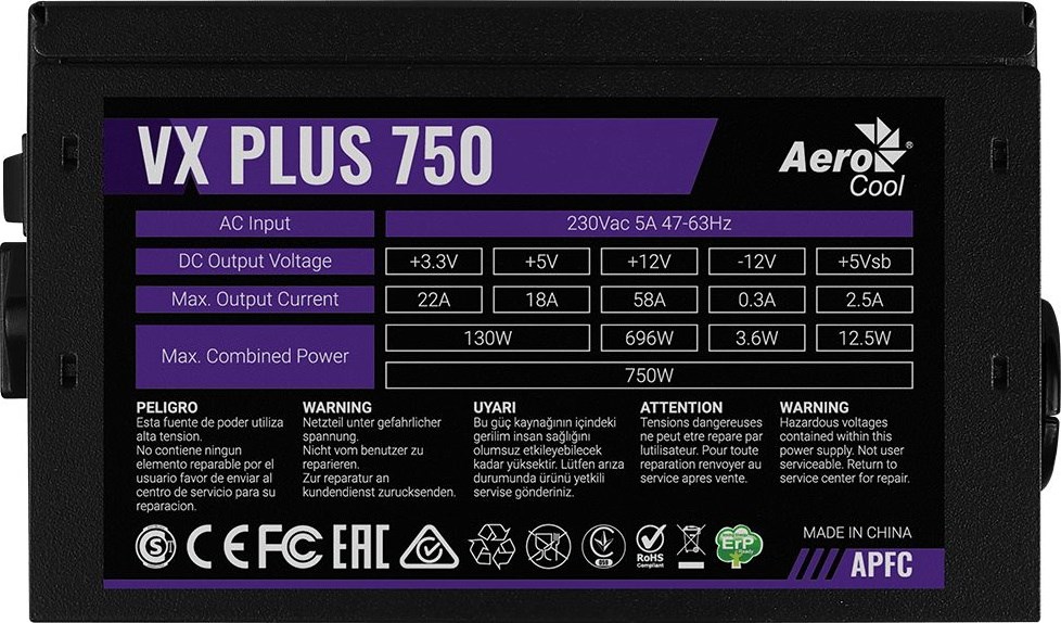 Aerocool VX PLUS 750 power supply unit 750 W 20+4 pin ATX ATX Black