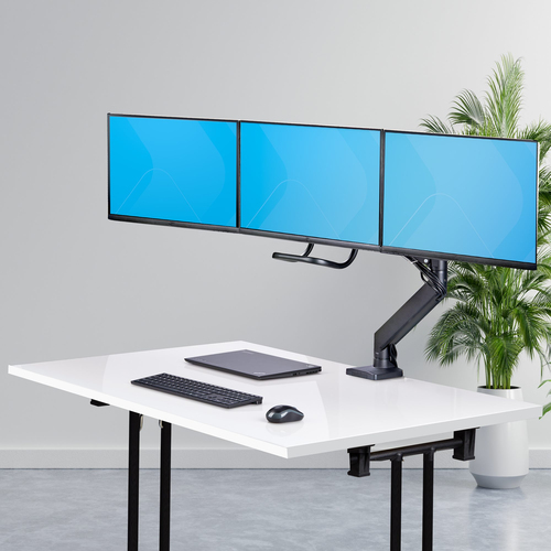 StarTech.com Crossbar Triple Monitor Desk Mount For Up To Three 27in Screens, VESA 75x75/100x100, Tool-Less Arm Adjustments, C-Clamp/Grommet, Spring-Assisted Arm