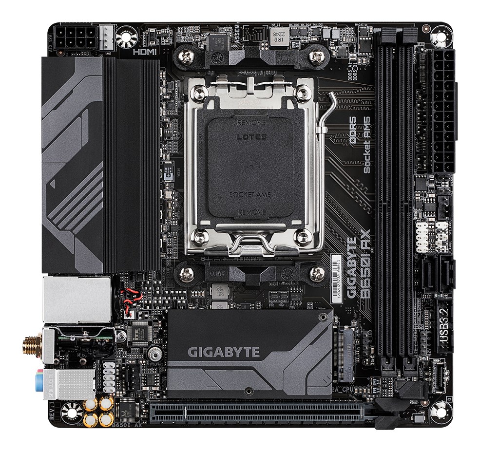 Gigabyte B650I AX 1.0 Processor family AMD Processor socket AM5 DDR5 DIMM Supported hard disk drive interfaces SATA  M.2 Number of SATA connectors 2