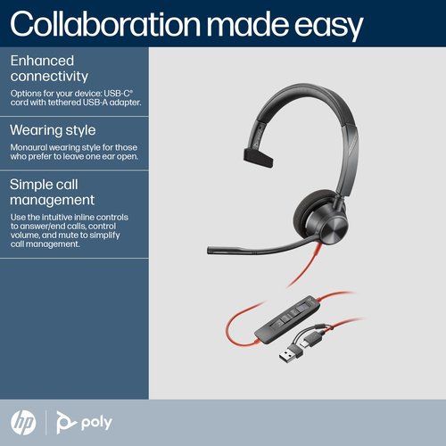 Poly Blackwire 3310 Monaural Microsoft Teams Certified USB-C Headset +USB-C/A Adapter