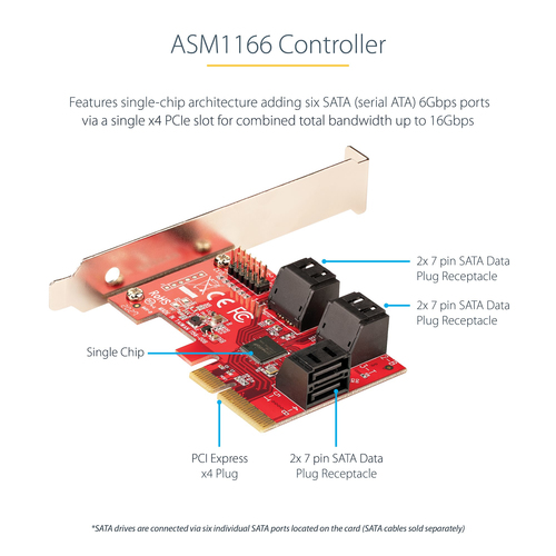 StarTech.com SATA PCIe Card - 6 Port PCIe SATA Expansion Card - 6Gbps - Low/Full Profile - Stacked SATA Connectors - ASM1166 Non-Raid - PCI Express to SATA Converter