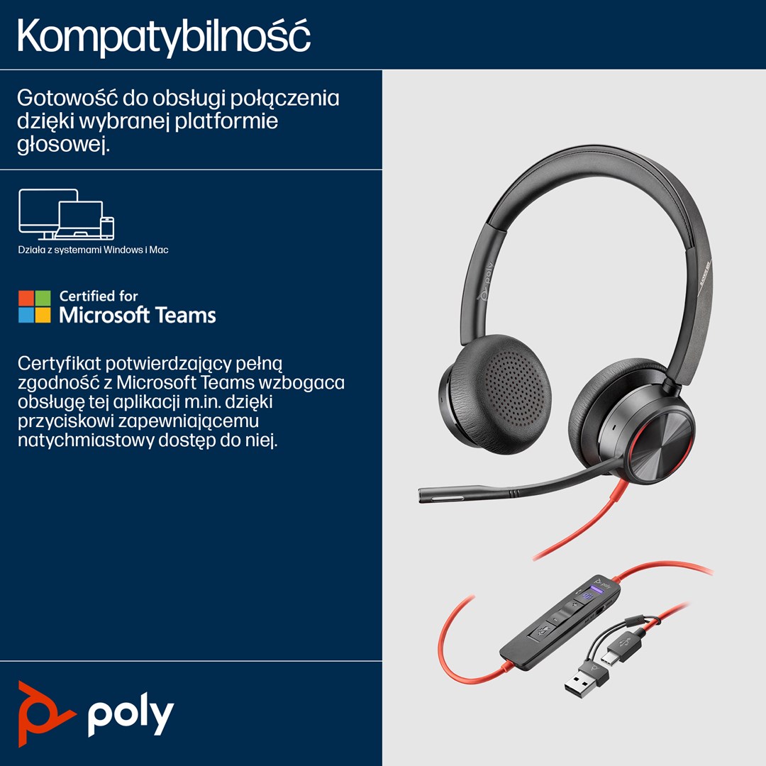 Poly Blackwire 8225 Stereo Microsoft Teams Certified USB-C Headset +USB-C/A Adapter