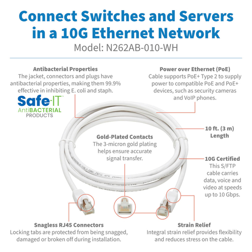Tripp Lite N262AB-010-WH Safe-IT Cat6a 10G Snagless Antibacterial S/FTP Ethernet Cable (RJ45 M/M), PoE, White, 10 ft. (3.05 m)