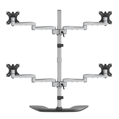 StarTech.com Desktop Quad Monitor Stand - Ergonomic VESA 4 Monitor Arm (2x2) up to 32" - Free Standing Articulating Universal Pole Mount - Height Adjustable/Tilt/Swivel/Rotate - Silver
