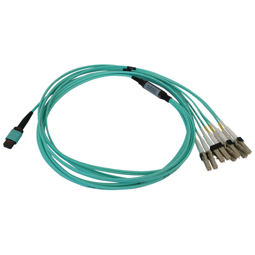 Tripp Lite N844X-03M-8L-P 40/100/400G Multimode 50/125 OM3 Fiber Optic Cable (12F MTP/MPO-PC to 4x Duplex LC/PC F/M), LSZH, Aqua, 3 m (9.8 ft.)