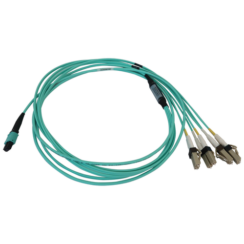 Tripp Lite N844X-02M-8L-P 40/100/400G Multimode 50/125 OM3 Fiber Optic Cable (12F MTP/MPO-PC to 4x Duplex LC/PC F/M), LSZH, Aqua, 2 m (6.6 ft.)