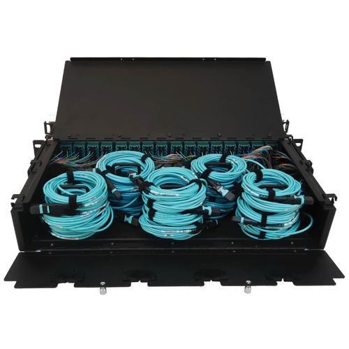 Tripp Lite Preloaded Fiber Patch Panel, 2U - 32x (12F MTP/MPO-PC to 4x LC Duplex F/F) 8F Trunk Cables, OM4 Multimode, 3 m (9.8 ft.)