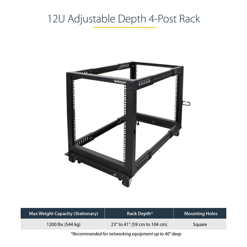 StarTech.com 4-Post 12U Mobile Open Frame Server Rack, Four Post 19" Network Rack with Wheels, Rolling Rack with Adjustable Depth for Computer/AV/Data/IT Equipment - Casters, Leveling Feet or Floor Mounting
