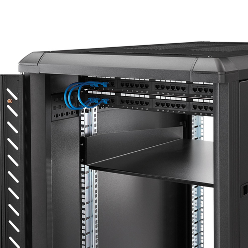 StarTech.com 2U Server Rack Shelf - Universal Rack Mount Cantilever Shelf for 19" Network Equipment Rack & Cabinet - Heavy Duty Steel – Weight Capacity 50lb/23kg - 22" Deep Tray, Black