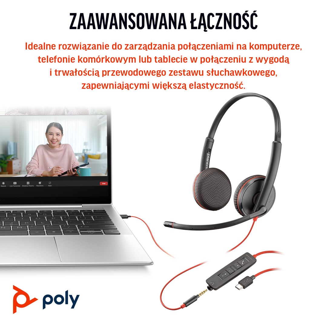 Poly Blackwire 3225 Stereo USB-C Headset +3.5mm Plug +USB-C/A Adapter