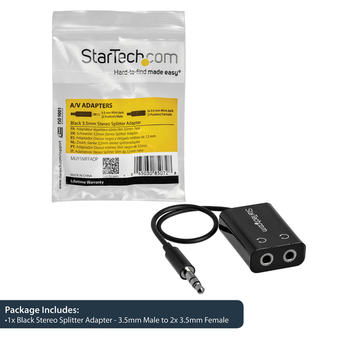 StarTech.com Black Slim Mini Jack Headphone Splitter Cable Adapter - 3.5mm Male to 2x 3.5mm Female
