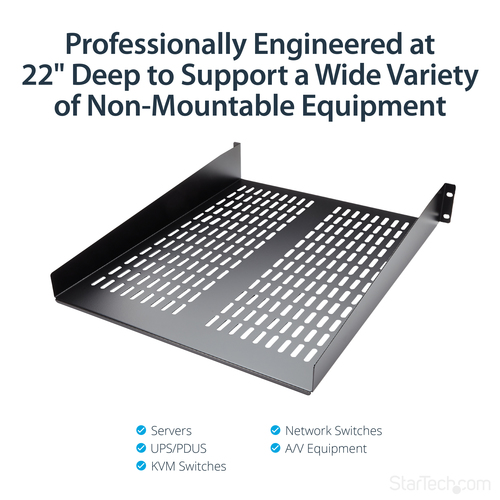 StarTech.com 2U Server Rack Shelf - Universal Vented Rack Mount Cantilever Tray for 19" Network Equipment Rack & Cabinet - Heavy Duty Steel – Weight Capacity 50lb/23kg - 22" Deep Shelf, Black