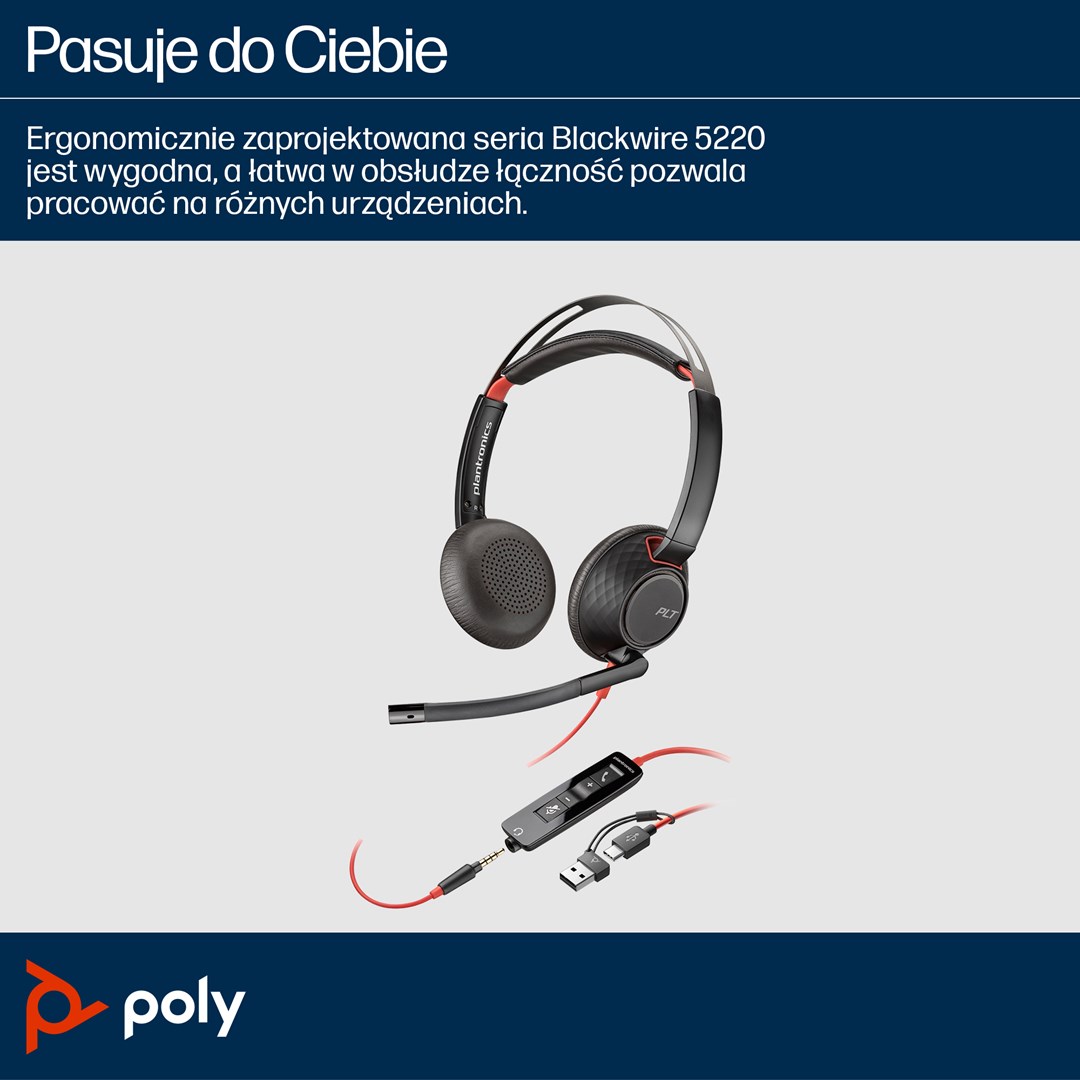 Poly Blackwire 5220 Stereo USB-C Headset +3.5mm Plug +USB-C/A Adapter (Bulk)
