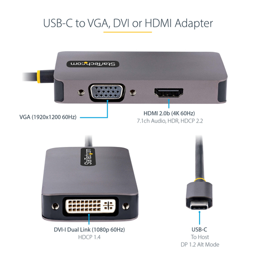 StarTech.com USB C Video Adapter, USB C to HDMI DVI VGA Adapter, Up to 4K 60Hz, Aluminum, Multiport Video Display Adapter, Thunderbolt 3 / 4 Compatible, USB Type C Travel Adapter