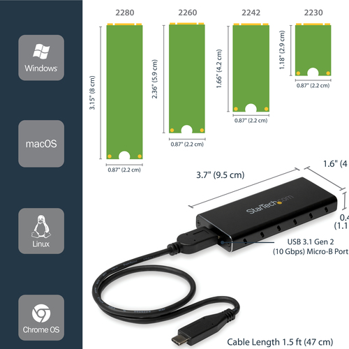 StarTech.com M.2 SSD Enclosure for M.2 SATA SSDs - USB 3.1 (10Gbps) with USB-C Cable