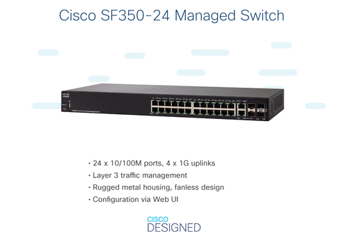Cisco SF350-24 Managed Switch | 24 10/100 Ports | 4 Gigabit Ethernet (GbE) Combo SFP | Limited Lifetime Protection (SF350-24-K9-UK)