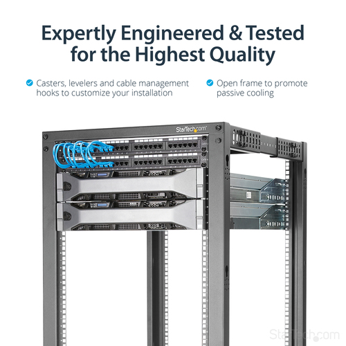 StarTech.com 4-Post 42U Mobile Open Frame Server Rack, Four Post 19" Network Rack with Wheels, Rolling Rack with Adjustable Depth for Computer/AV/Data/IT Equipment - Casters, Leveling Feet or Floor Mounting