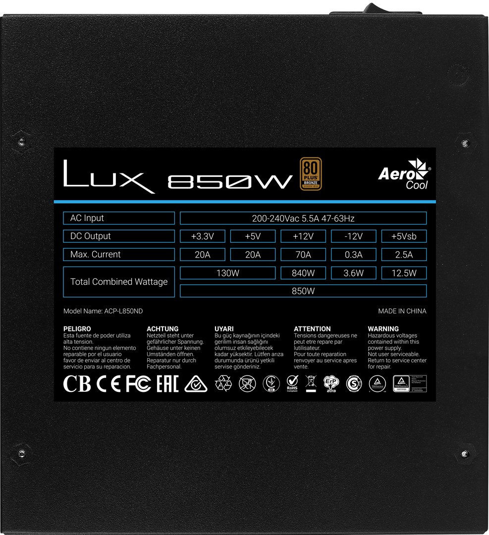 Aerocool LUX850 PC Power Supply 850W 80 Plus Bronze 230V 88% Efficiency Black