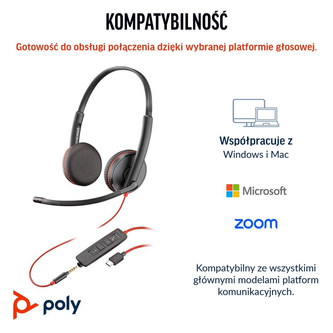 Poly Blackwire 3225 Stereo USB-C Headset +3.5mm Plug +USB-C/A Adapter (Bulk)