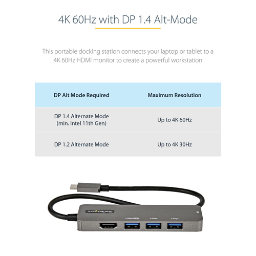 StarTech.com USB C Multiport Adapter - USB-C to HDMI 2.0b 4K 60Hz (HDR10), 100W Power Delivery Pass-Through, 4-Port USB 3.0 Hub - USB Type-C Mini Dock - 12" (30cm) Long Attached Cable
