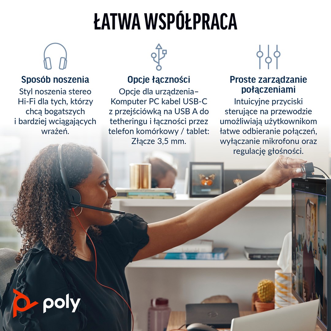 Poly Blackwire 3225 Stereo USB-C Headset +3.5mm Plug +USB-C/A Adapter