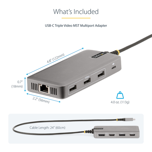 StarTech.com USB-C Triple Monitor Multiport Adapter, Dual 4K 60Hz + 4K 30Hz HDMI & DisplayPort, 3-Port USB 10Gbps Hub, 100W PD Pass-Through, GbE, Travel Dock, Windows & ChromeOS