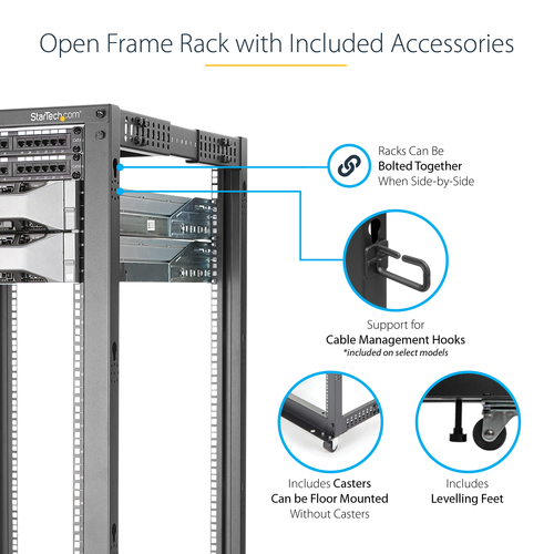 StarTech.com 4-Post 25U Mobile Open Frame Server Rack, Four Post 19in Network Rack with Wheels, Rolling Rack with Adjustable Depth for Computer/AV/Data/IT Equipment - Casters, Leveling Feet or Floor Mounting