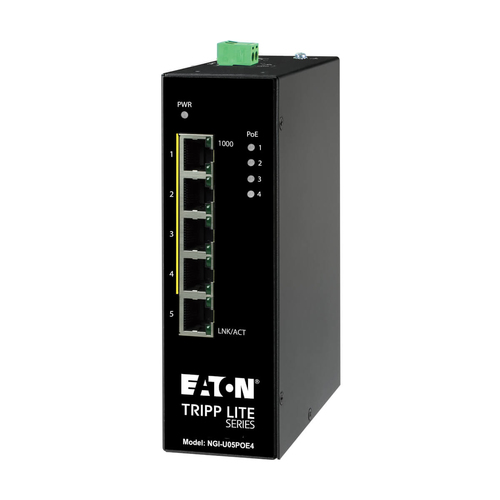 Tripp Lite NGI-U05POE4 5-Port Unmanaged Industrial Gigabit Ethernet Switch - 10/100/1000 Mbps, PoE+ 30W, -10° to 60°C, DIN Mount
